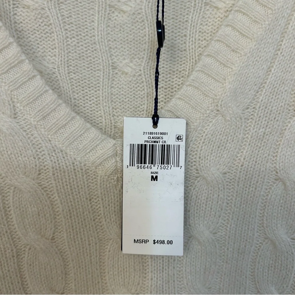 Polo Ralph Lauren Cashmere Iconic Cable Knit V-neck sweater in Cream Size M - Picture 5 of 9